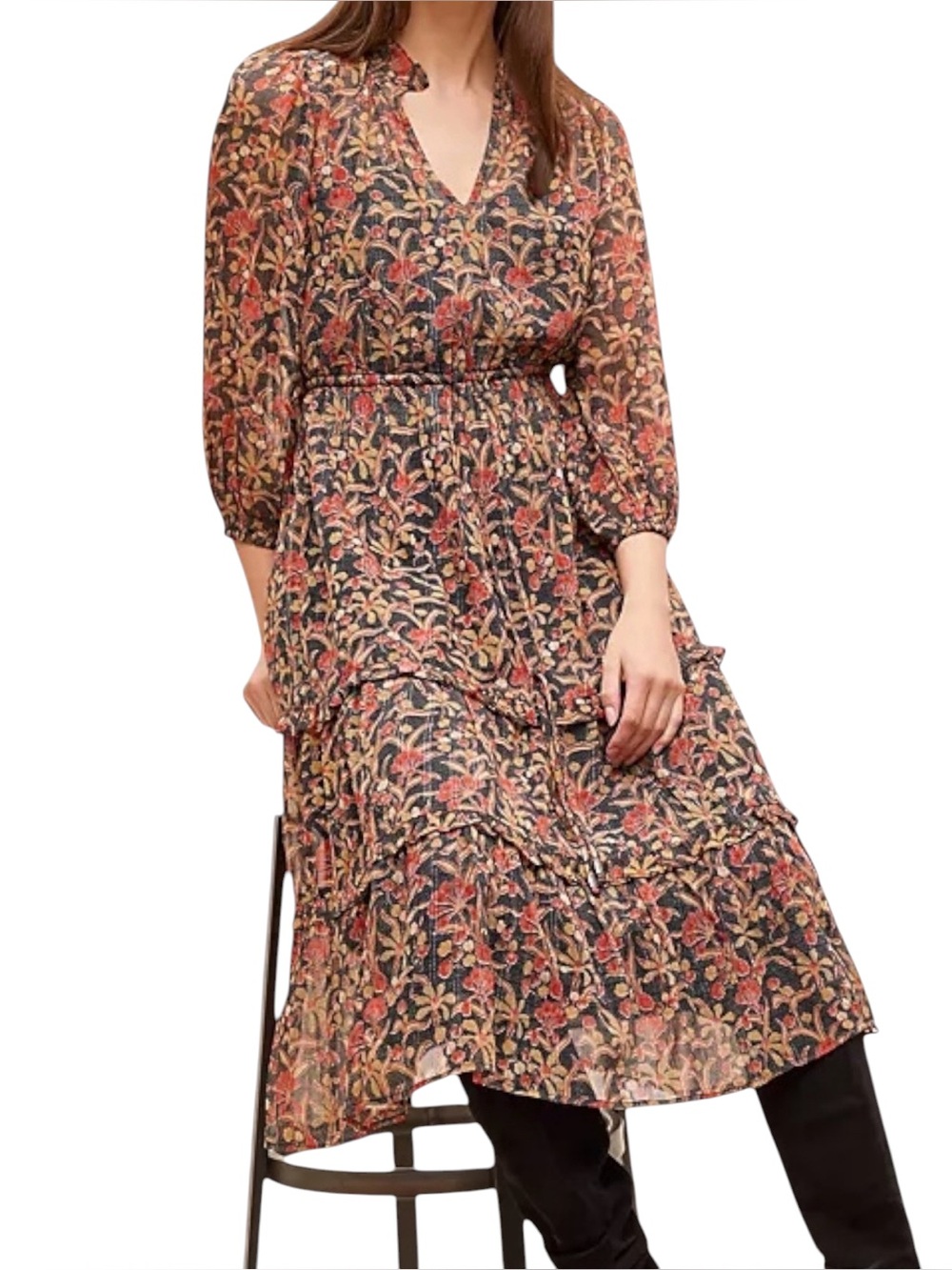Anthropologie Chiffon Floral Metalic Long Sleeve V-Neck Tie Waist Midi Dress